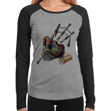 Imagem de Baby Look Raglan Gaita de Foles Manga Longa - Foca na Moda, Cinza, Pre