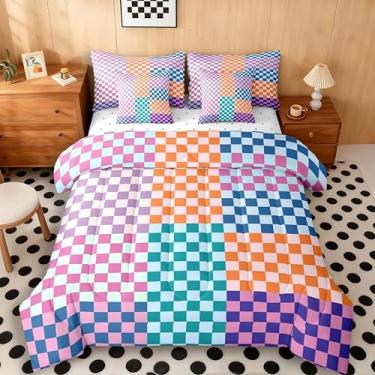 Imagem de jejeloiu Conjunto de edredom infantil com arco-íris, xadrez, geométrico, 7 peças, retrô, clássico, respirável, macio e leve