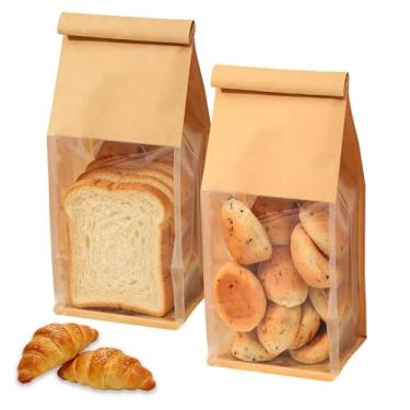 Imagem de 100 sacos pequenos de padaria com janela, 10 x 9 x 23,9 cm sacos de pão resseláveis com trava de aba de gravata de lata, saco de embalagem de biscoito para suprimentos de padaria e doces de muffin