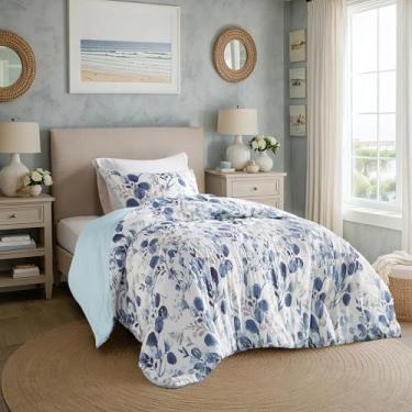 Imagem de Regency Heights Conjunto de edredom botânico leve, tamanho solteiro, design reversível com estampa listrada, conjunto de cama de microfibra premium, edredom e fronha, azul marinho/azul