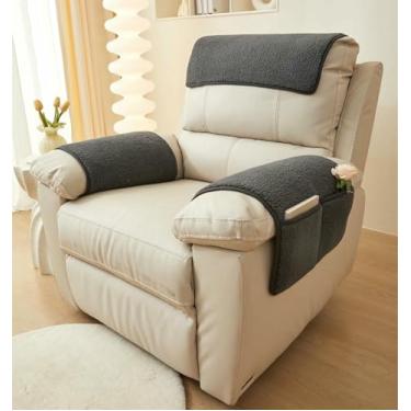 Imagem de Capas para braços de cadeiras com capas para encosto de cabeça para poltronas reclináveis ​​e bolsos de armazenamento. Capa antiderrapante para encosto de cabeça. Capa felpuda para sofá