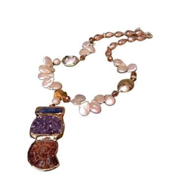 Imagem de DWBPGVUN Colar de cristal de pérola champanhe cultivada de 14 x 18 mm 38 x 75 mm azul cianita ametista drusa colar com pingente