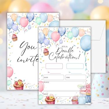 Imagem de Convites de aniversário menina, 25 cartões de convite de balões coloridos com envelopes, convites de aniversário conjuntos para suprimentos de decorações de festas-H20