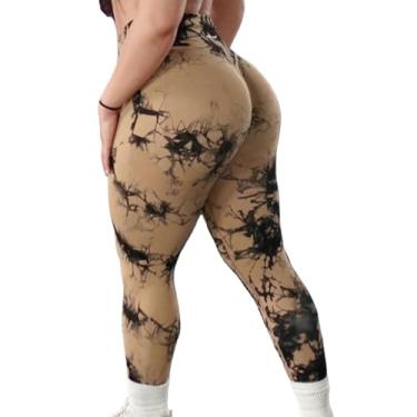 Imagem de tincolia Meia-calça legging feminina tie dye cintura alta levanta bumbum controle de barriga push up sem costura calças de ioga treino-cáqui-G