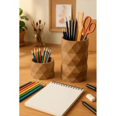 Imagem de Organizador 3D Geométrico Porta Caneta Lápis Clips e Suporte Celular para Escritório Home Office (Marrom,Kit Completo)