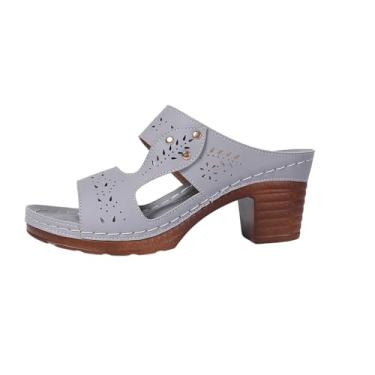 Imagem de Sandálias femininas elegantes e casuais de verão sólidas com salto alto e boca de peixe, confortáveis e respiráveis, Cinza, 35