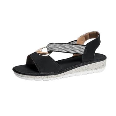 Imagem de Sandálias femininas abertas com alças elásticas confortáveis e bico redondo, sola macia para o dia todo, Preto, 36