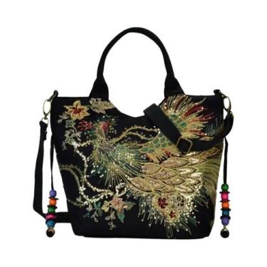 Imagem de Bolsa tote de lantejoulas estilo étnico, bolsas bordadas de pavão, bol