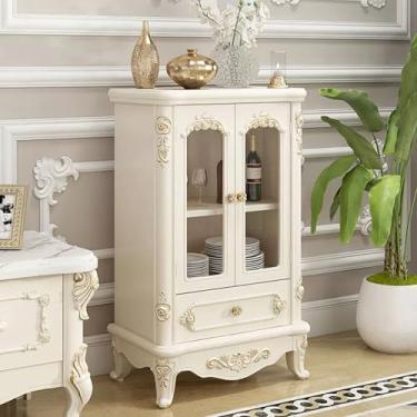 Imagem de Armário europeu de madeira para vinho - Armário curioso de porta de vidro com gavetas para sala de estar, cozinha de jantar, armazenamento de exibição com economia de espaço