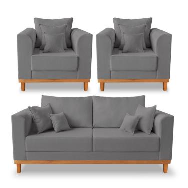 Imagem de Kit Sofá 3 Lugares E 2 Poltronas Beny Viena Suede Cinza