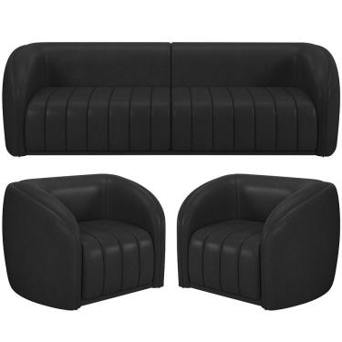 Imagem de Kit Sofá 4 Lugares Para Sala 292cm Com 02 Poltronas Lazio M03 Corano Preto - Lyam Decor