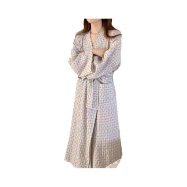 Imagem de Roupão Kimono Feminino Xadrez De Manga Longa Com Decote Em V E Amarraç