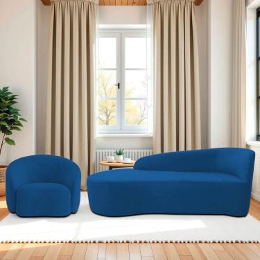 Imagem de Kit Divã Recamier Orgânico França 140cm Lado Esquerdo E Poltrona Amore Linho Azul Royal