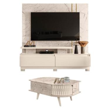 Imagem de Estante Home Theater New Apolo com Pés com Mesa de Centro Indianápolis Calacata Off White – Madetec