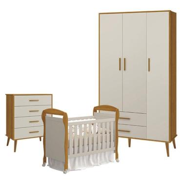 Imagem de Quarto De Bebê 3 Portas Com Cômoda Gaveteiro Isis E Berço Americano Danny Areia Savana Acetinado - Reller