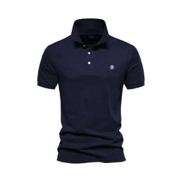 Imagem de Camisas Polo Masculinas De Algodão Com Bordado Em Cor Sólida, Manga Cu