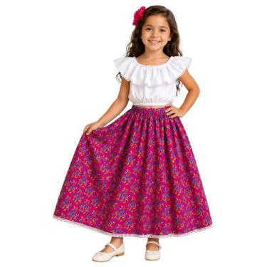 Imagem de Conjunto Infantil Saia Carimbó e Danças - - Rosa Flor Azul - M - Mundo