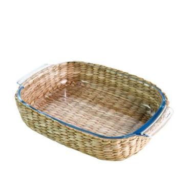 Imagem de Travessa Retangular Vimini Vidro e Revestimento Rattan 34x22x7cm - Dyn