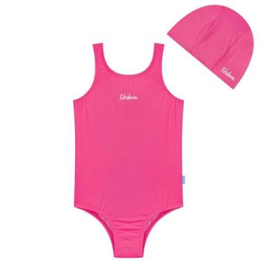 Imagem de Maiô Natação Infantil com Touca Proteção UV50+ Cores Kamylus, Pink neo