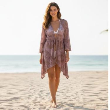 Imagem de Saída De Praia/ Kimono Em Arrastão Com Pontas Moda Verão - Corpo Doura