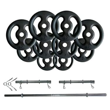 Imagem de Kit Anilhas Ferro Fundido 32 Kg + 2 Barras 40cm + Barra 150