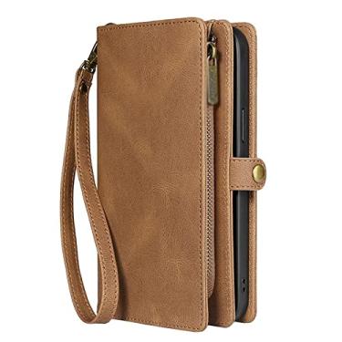 Imagem de Capa carteira para Google Pixel 6/6 Pro, capa flip magnética destacável de couro PU com alça de cordão com zíper para cartão de celular, marrom, 6 Pro 17 cm