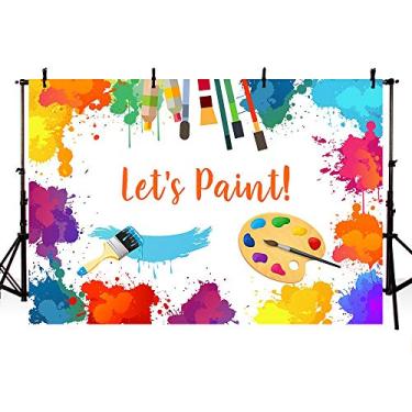 Imagem de MEHOFOTO Let's Paint Birthday Party Photo Backdrop Props Painting Dress for a Mess Splatter Art Party Colorful Graffiti Wall Brush Photography Background Banner for Cake Table Supplies 7x5ft