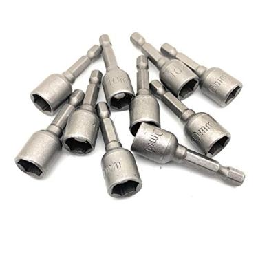 Imagem de HLin 10 peças 10 mm 3/8" Magnetic Nutsetter Nut Drivers Socket Adapter Broca Broca Conjunto de chave de porca 1/4" Hank