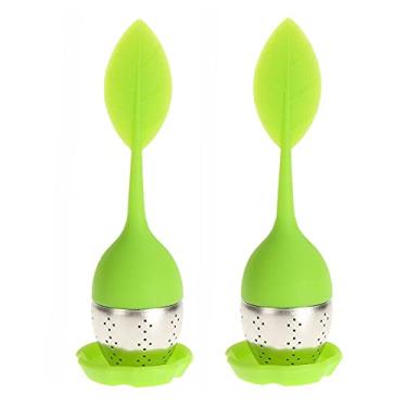 Imagem de Alnicov 2 pacotes de infusor de chá de malha com bandeja de gotejamento, bola de chá de malha fina de aço inoxidável 304 com alça de silicone perfeita para bules e canecas (forma de folha verde)