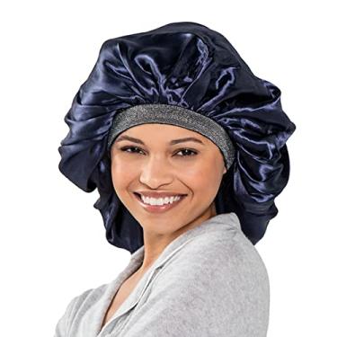 Imagem de ADAMA Touca de cetim luxuosa, dupla face para proteção noturna do cabelo, faixa elástica confortável, acabamento metálico brilhante, tamanho extra grande para grandes volumes de cabelo, lavável na máquina, azul-marinho e prata
