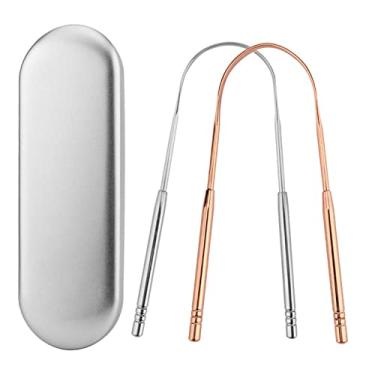 Imagem de Chusui 2 peças de raspador de língua de aço inoxidável Limpador de língua oral com caixa de armazenamento de metal Escova de limpeza de língua para boca Kit de higiene bucal para hálito fresco
