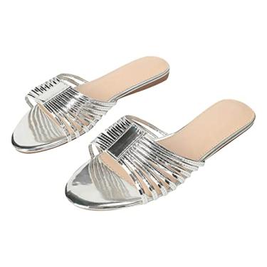 Imagem de Sandálias femininas casuais com boca de peixe vento praia fundo plano flores moda versátil sandálias de praia sandálias de pé largo para mulheres (prata, 35)
