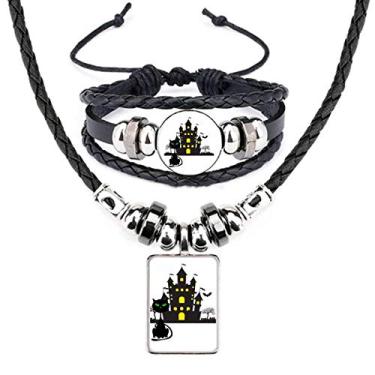 Imagem de Halloween Horrível Castelo Sombrio Gato Colar de Couro Conjunto de Joias