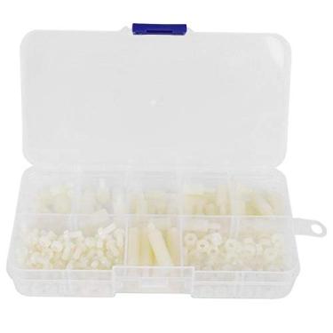 Imagem de Kit sortido de porca de parafuso de nylon, caixa de armazenamento macho-fêmea, conjunto de parafusos de nylon multiuso para comunicações eletrônicas (180 peças/caixa de parafusos de nylon branco M3)