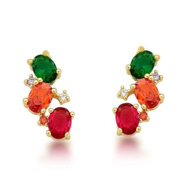 Imagem de Brinco Earcuff Com Zircônias Ovais Em Cores Banhados A Ouro 18k Colorida