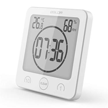 Imagem de Relógio de parede digital para banheiro com alarme, impermeável para pulverização de água, temporizador de tela sensível ao toque, visor de umidade de temperatura com orifício para pendurar com ventosa, Branco