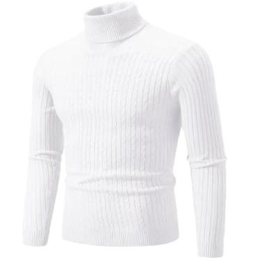 Imagem de KANG POWER Suéter quente de gola rolê outono inverno suéter masculino pulôver fino suéter masculino malha camisa inferior, Branco, X-Large