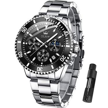 Imagem de OLEVS Relógio masculino, relógio masculino de aço inoxidável com mostrador grande, relógio de quartzo analógico, à prova d'água, para homem, relógio de pulso clássico de negócios, luxuoso, luminoso, redondo, giratório, relógio com bisel, Relógio masculino prateado/mostrador preto - 2870, Round, Negó