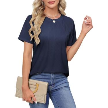 Imagem de ZANZEA Camisetas femininas de manga curta gola redonda com ilhós, bordadas, blusas femininas elegantes casuais de renda, camisetas de verão, A - azul-marinho, P
