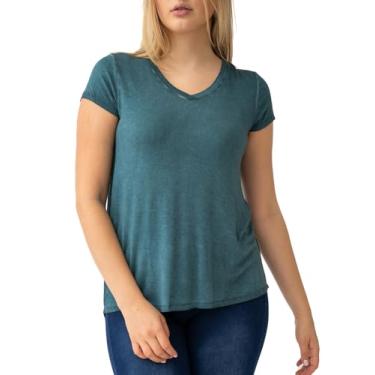 Imagem de Cable & Gauge Camiseta feminina manga curta gola V, azul-petróleo viridiano, P