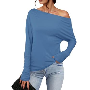 Imagem de Meetrendi Camiseta feminina assimétrica de manga comprida moderna sexy com ombro de fora 2024 camiseta túnica casual solta lisa, Azul, GG