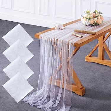 Imagem de Pacote com 4 toalhas de mesa de pérola 152 x 300 cm toalha de mesa branca para casamento toalha de mesa de tule pérola tecidos 3 m véu de casamento para decoração de mesa de sobremesa de arco de