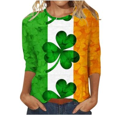 Imagem de Camiseta feminina do Dia de São Patrício com estampa da bandeira irlandesa americana túnica verde manga 3/4 camisetas tops, Cinza escuro, 4G