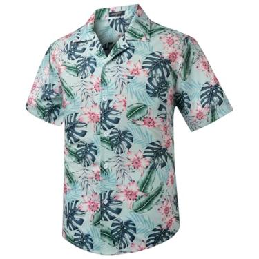 Imagem de Camisas masculinas havaianas de manga curta com botões tropicais Aloha camisa casual verão Havaí praia camisas, 17 - verde/preto/rosa, XXG