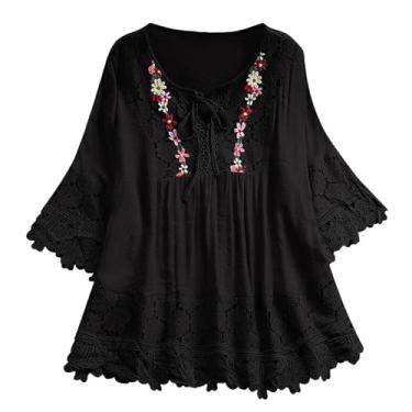 Imagem de Lainuyoah Blusas femininas vintage renda patchwork laço gola V três quartos bordado elegante camiseta solta plus size tops, 2 - preto, P