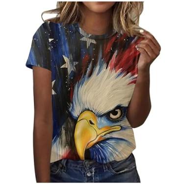 Imagem de 4th of July Camisetas femininas fofas de verão blusas de manga curta gola redonda camiseta bandeira americana caimento solto túnica tops, A03 multicolorido, P