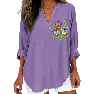 Imagem de Camisetas femininas de conscientização de Alzheimer, manga comprida, gola V, roxa, floral, gráfica, túnica verão casual, blusas soltas, Azul-celeste, 5XG