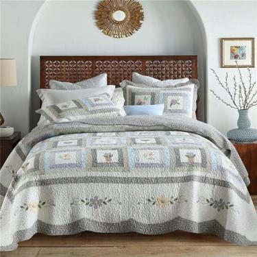 Imagem de Jogo de cama acolchoado com 3 peças, 3 peças, quadrado, bege, marrom, patchwork, edredom com fronha, design floral, colcha acolchoada