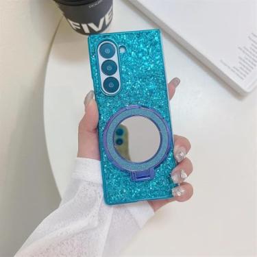 Imagem de Capa espelhada com suporte de glitter para Samsung Galaxy Z Fold 6 5 4 3 fold6 ZFold Suporte magnético com capa brilhante, azul, para Samsung Z Fold 4