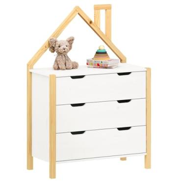 Imagem de Cômoda infantil Montessori Madeira Casinha 3 Gavetas Elano (Natural Branco)
